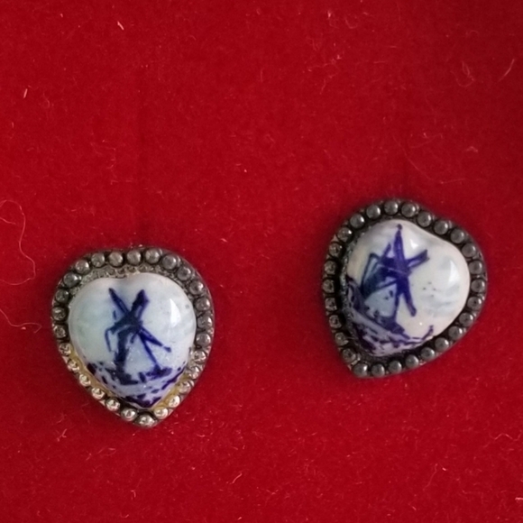 Vintage Delft Windmill Sterling Earrings - Picture 2 of 4